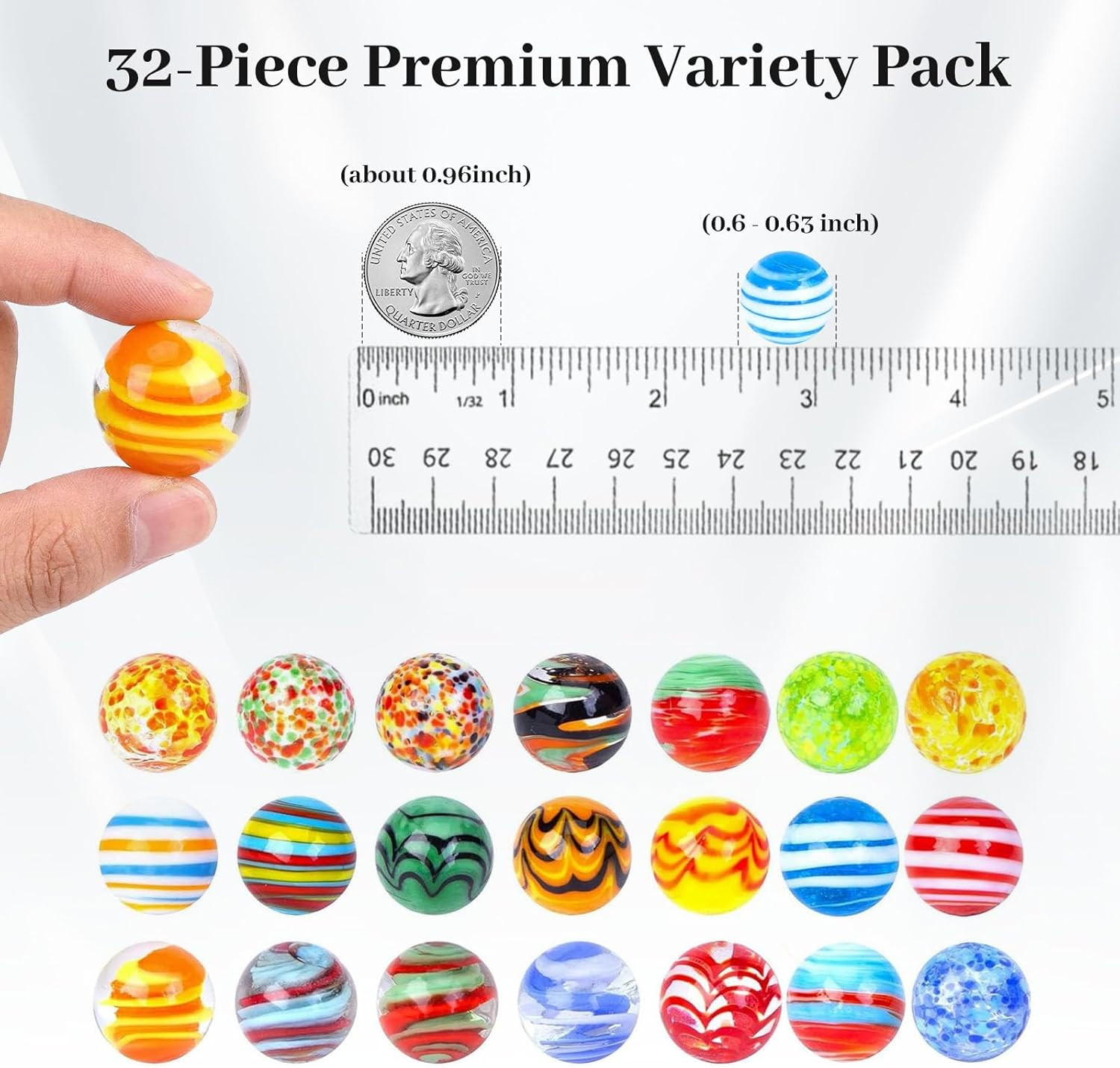 32PCS Glass Marbles Bulk, 16mm/0.6inch Handmade Colorful Assorted Marbles for Va