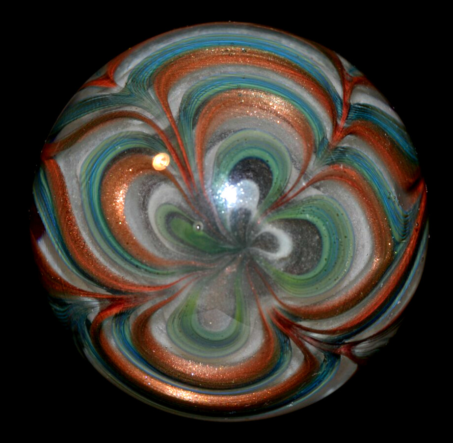 JEREMY DRISKELL GLASS MARBLE/3.175″-TURQUOISE BLACKLIGHT FEATHER-TURQ. UNDER BL