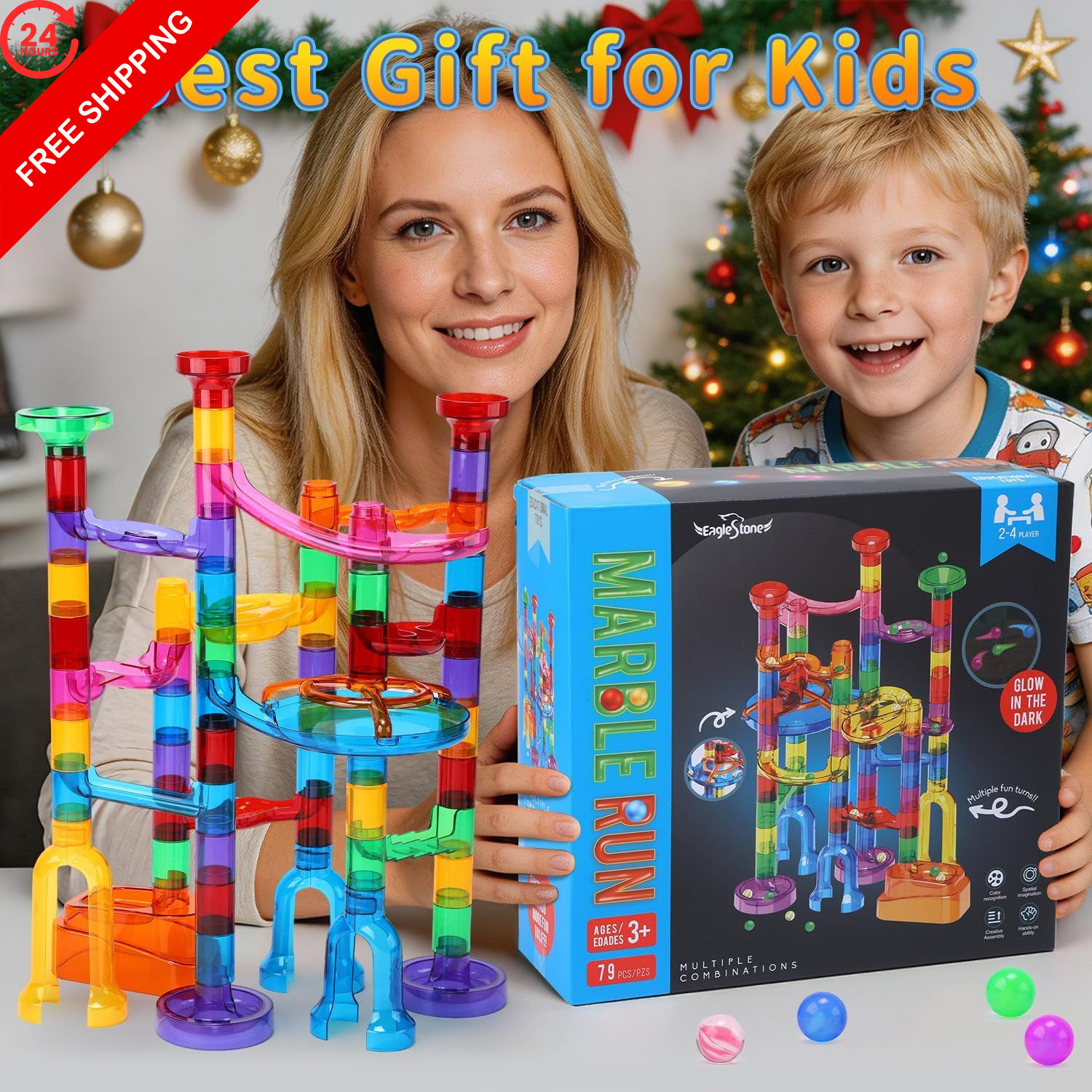 EagleStone 79PCS Transparent Glow Marble Run Construction Maze 79pcs