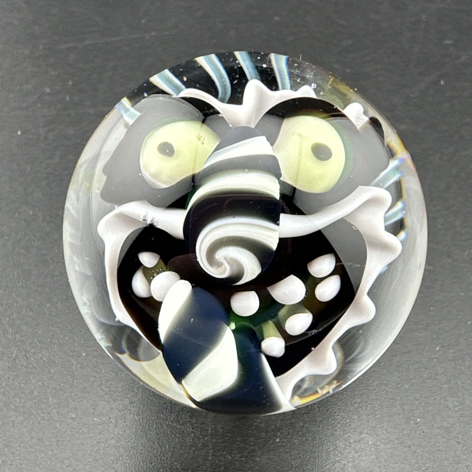 Contemporary Handmade Art Glass Marble 1.36″ Black White Monster, Flower, + UV!