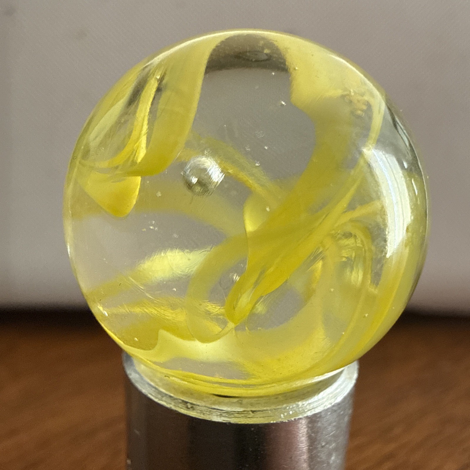 Yellow Lustered Spaghetti 0.95″ Glass Marble Iridescent w Swirls