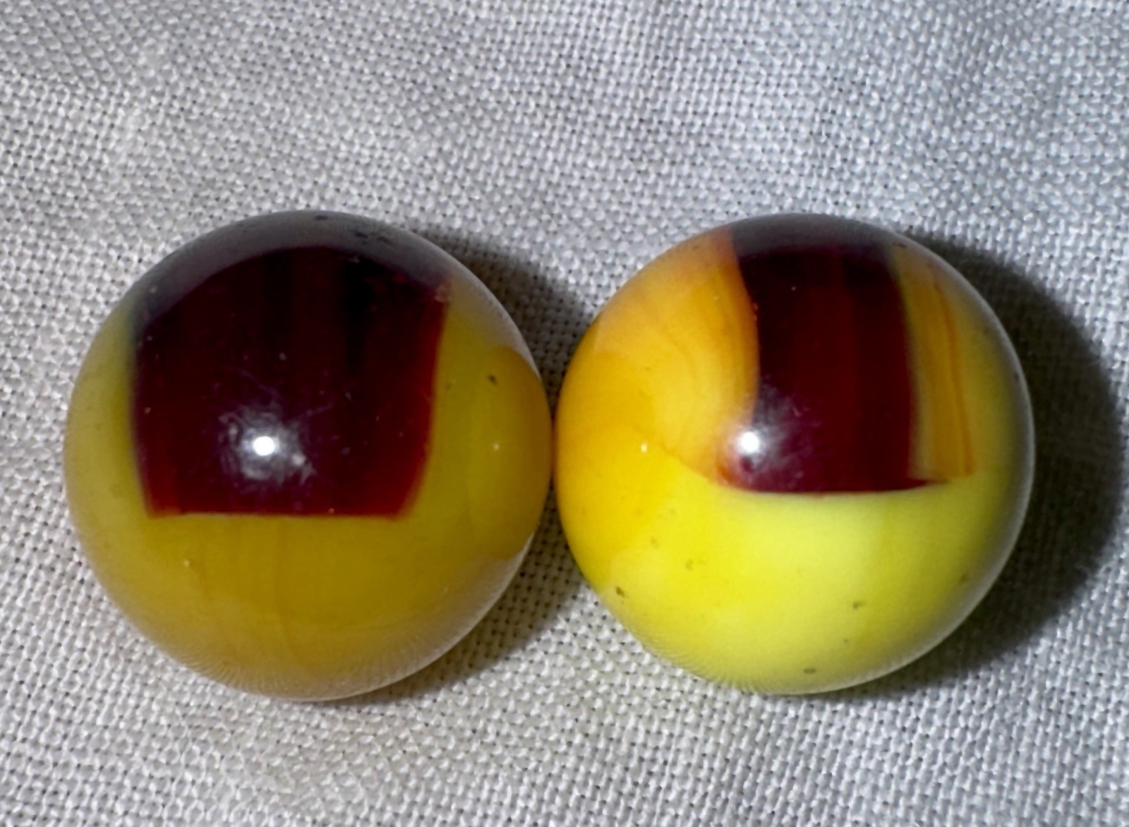 2 Vintage Akro Agate Patch Marbles, Both 0.62 in & NM+