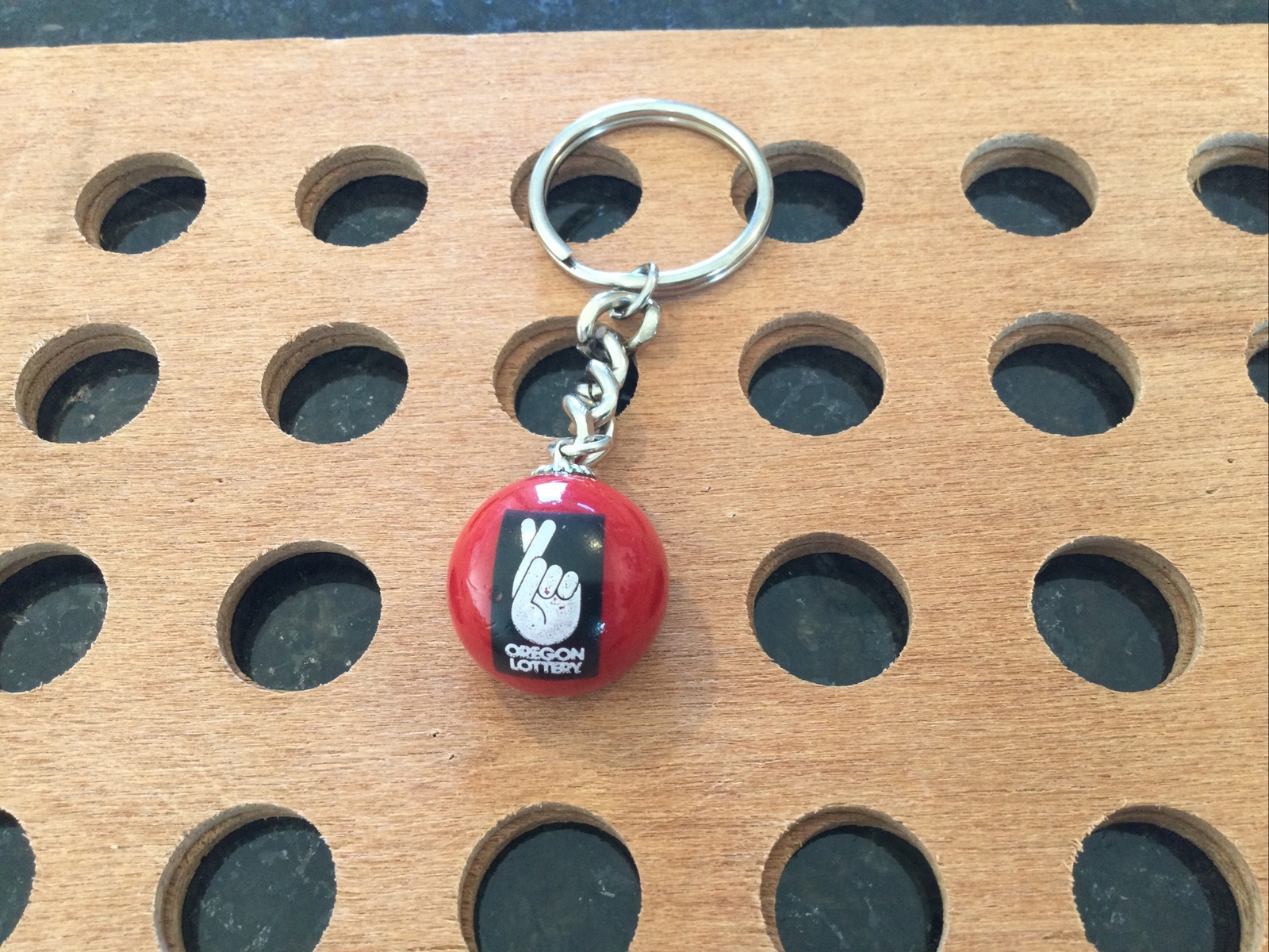 Vintage |”Powerball, Oregon Lottery”| White & Black Print on Red Marble Keychain