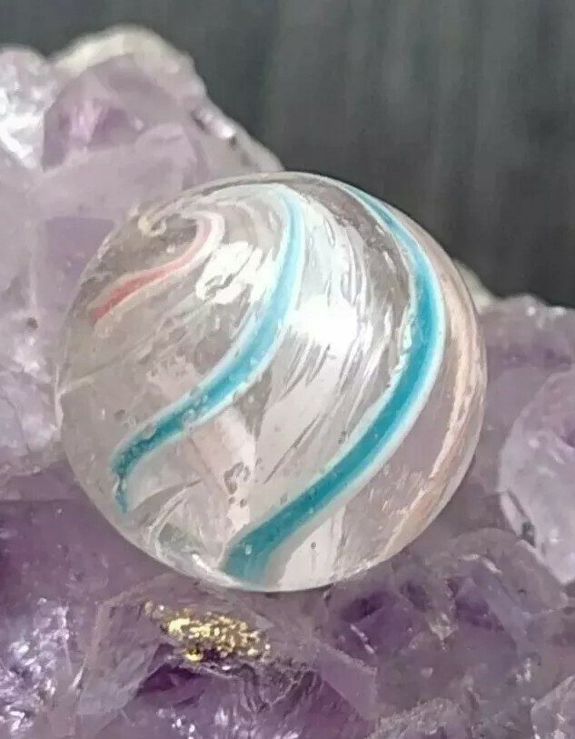 Beautiful Turquoise & PINK / SOLID Swirl Handmade German Marbles .48″ NM Peewee
