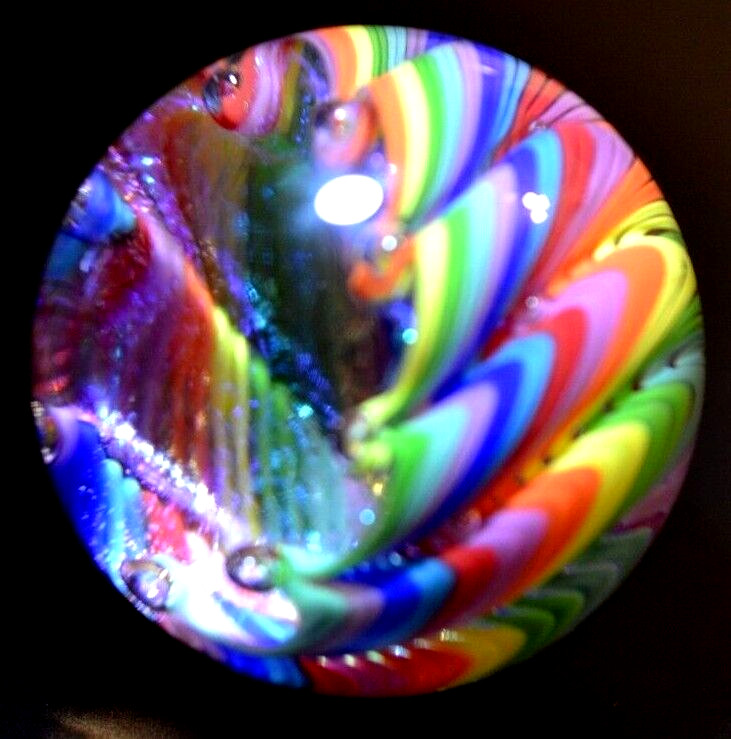 JAMES ALLOWAY HANDMADE MARBLE/2.623″-DICHROIC RAINBOW VORTEX # 3217-LIME,ROYAL +