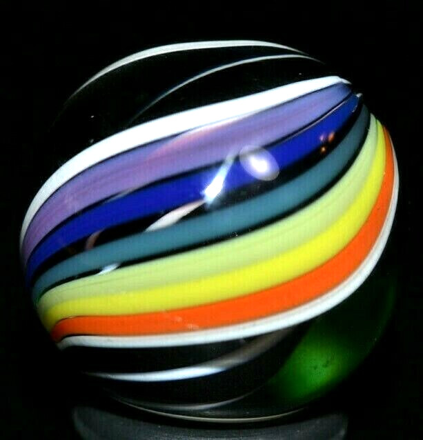 JODY FINE HANDMADE GLASS MARBLE/.880″-ZEBRA CORE w/RAINBOW & GREEN LUTZ RIBBONS-