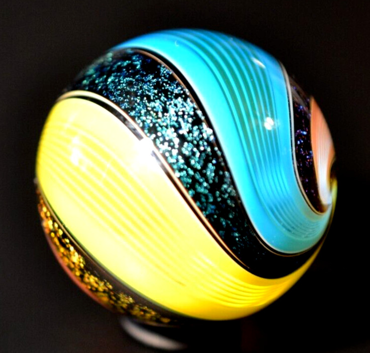 HOT HOUSE GLASS MARBLE/1.528″-SUNFLOWER/TURQ/CLAY BANDED FINE LINER #07-FAST