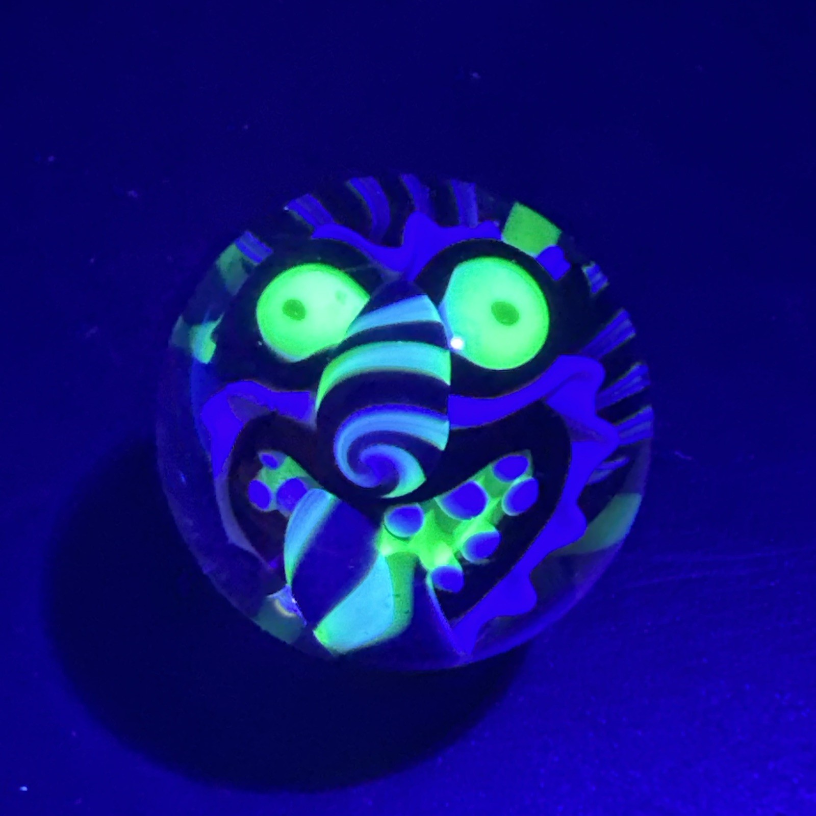 Contemporary Handmade Art Glass Marble 1.36″ Black White Monster, Flower, + UV!
