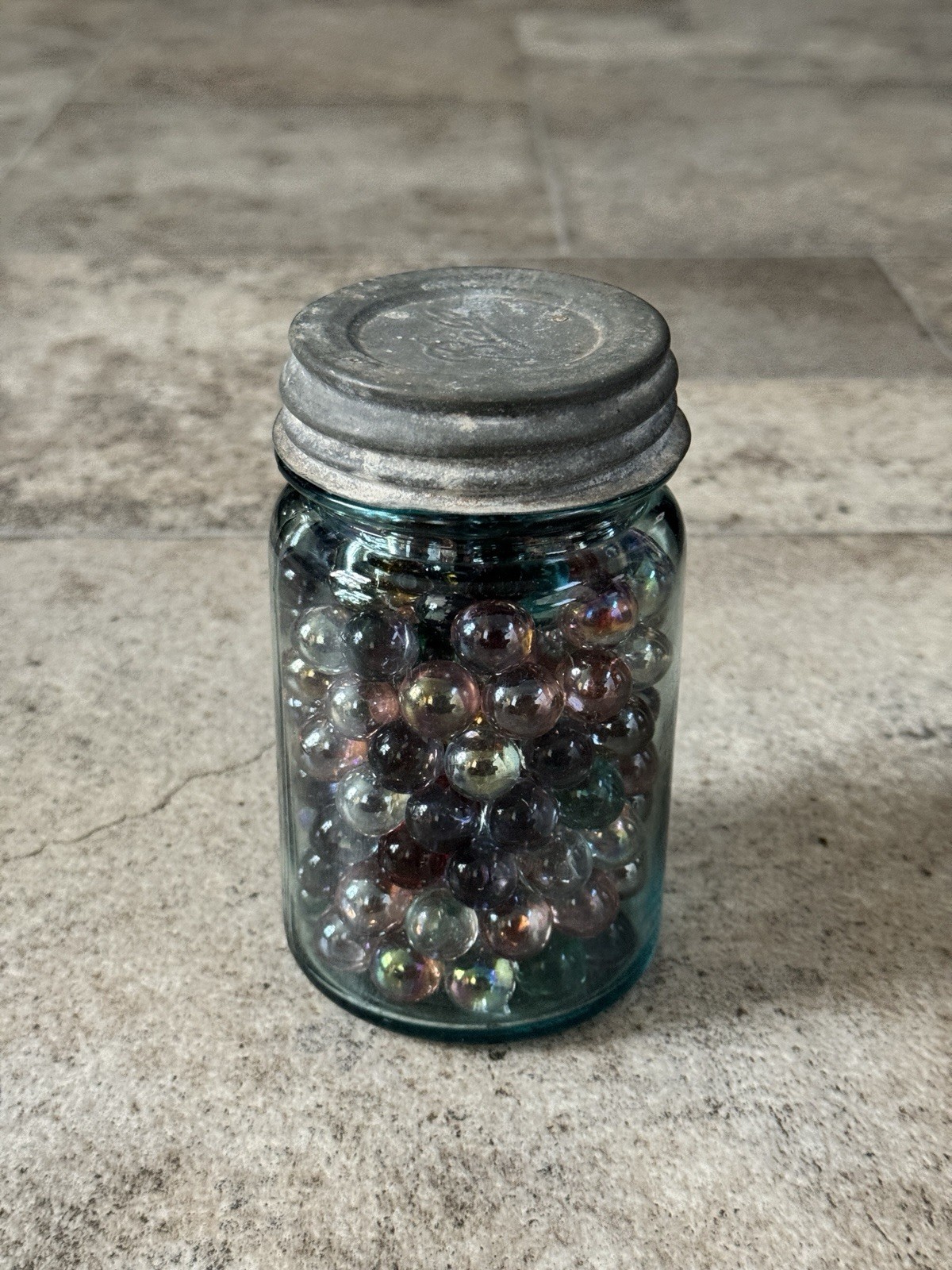 Vintage Ball Perfect Mason Jar Filled with 165+ Mixed Glass Marbles – Aqua Blue