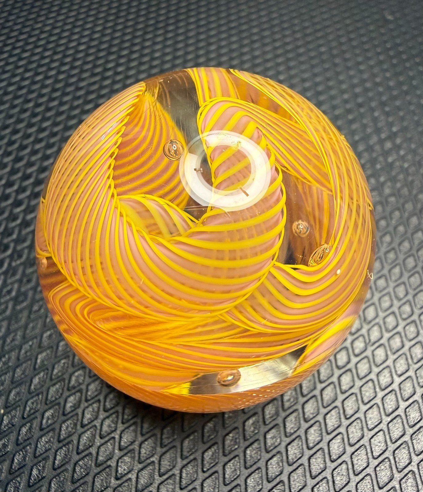 Francis Coupal 1.91″ Contemporary Handmade Art Glass Marble Yellow Ribbon Swirl