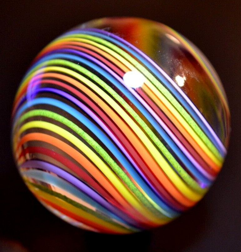 JOHN GIBBONS GLASS MARBLE/2.038″-SIMPLY A PERFECT RAINBOW-CRIMSON,ORANGE,GR.LUTZ