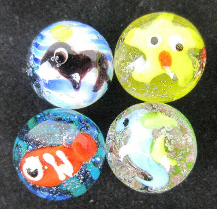 4 UNDER THE SEA Marble Seal, Fish, Starfish, Seahorse 16mm Handmade art glass