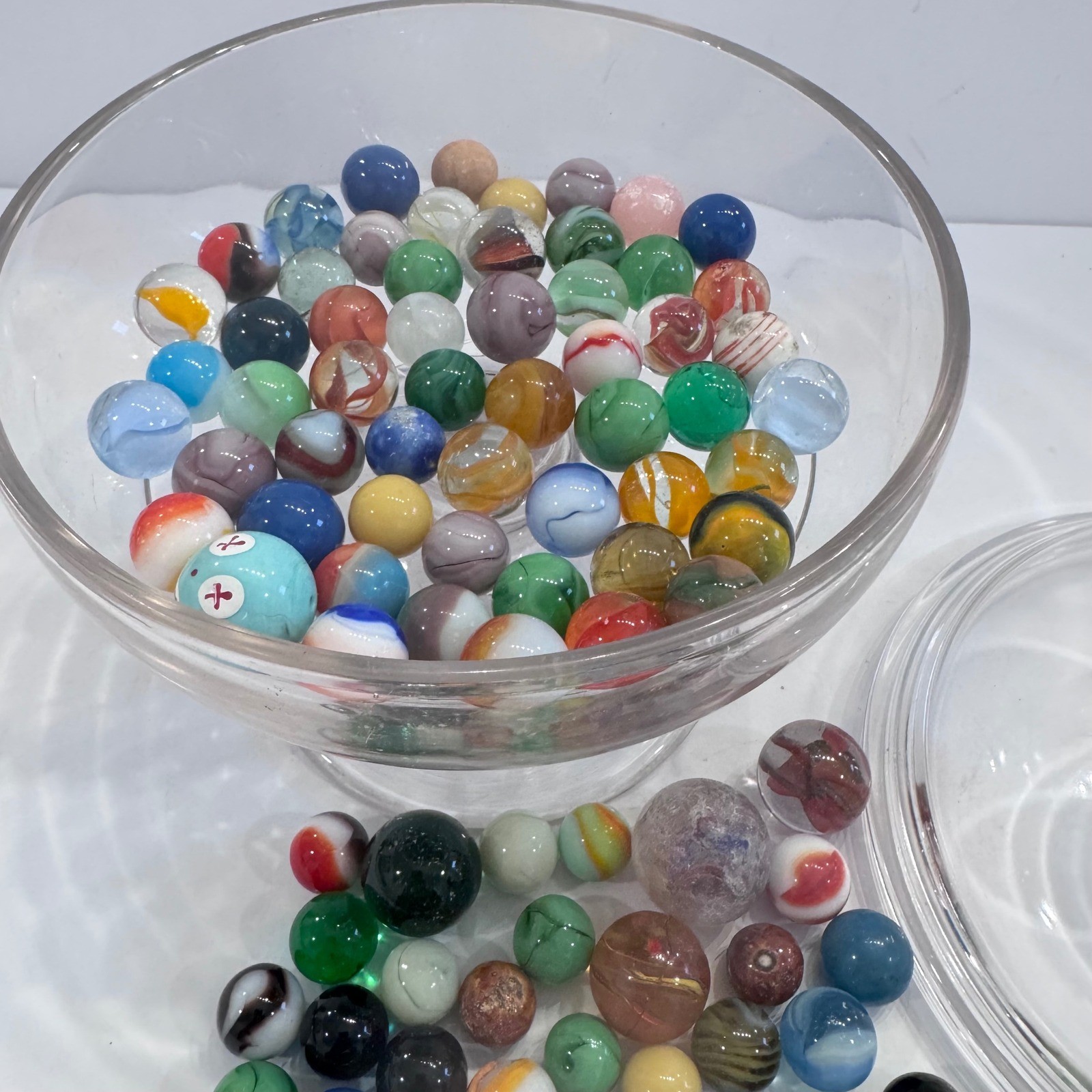 Glass Candy Dish Jar with Lid and Colorful Vintage Marble Assortment