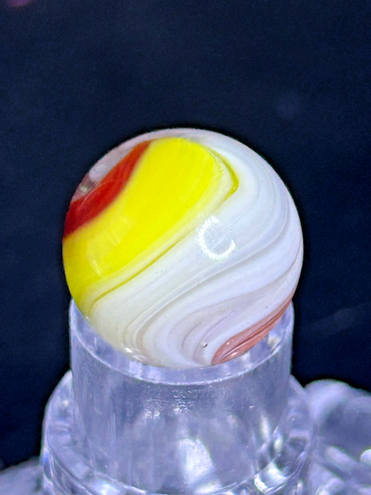 Vintage Akro Agate Popeye Marble, Red/Yellow/White, UV+, .62″, Wet Mint, AP9
