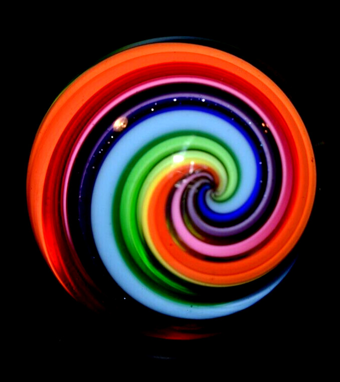 EDDIE SEESE GLASS MARBLE/1.493″-RAINBOW COBALT DICHROIC STRIPE-PERSIMMON,YELLOW+
