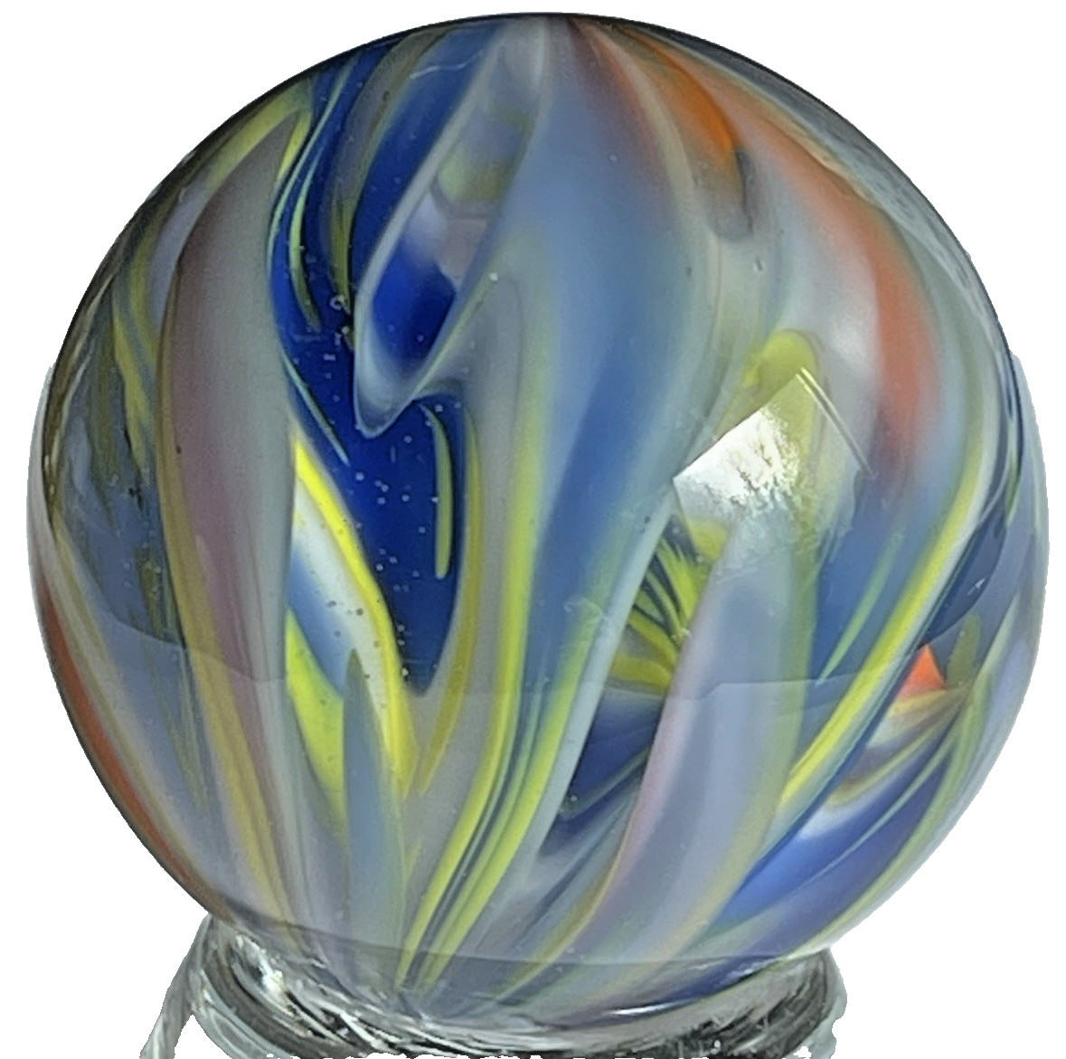2014 RICK DAVIS MARBLE HANDMADE GLASS ART 1.48″ ORANGE BLUE PURPLE YELLOW MIX