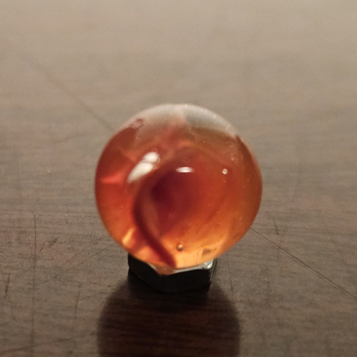 C E Bogard Orange 4- Lobe Floppy Cats Eye Clear Glass .593 Marble