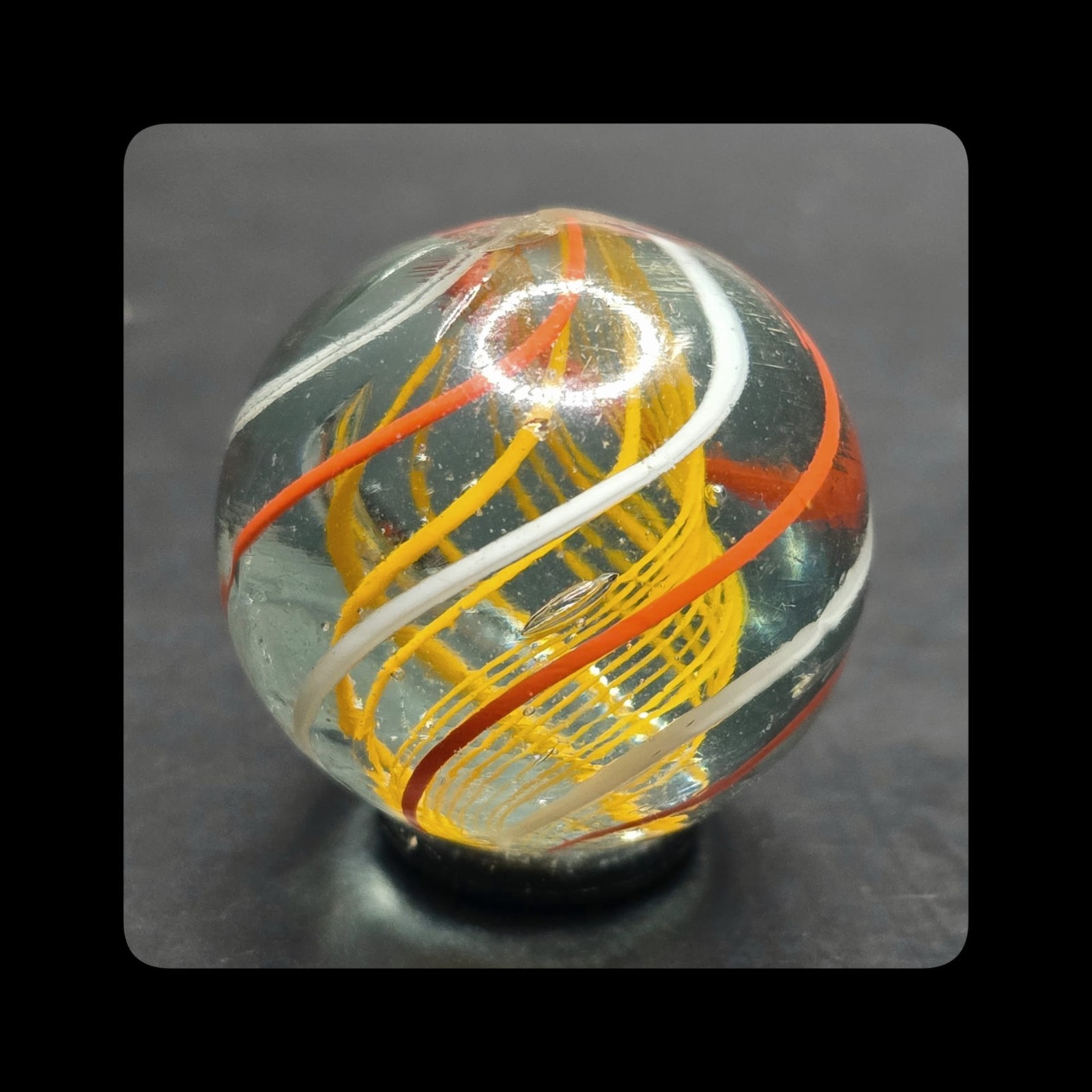 ~Mic’sMibs~ 1.07″ Large Bright Orange Latticino Core Swirl w Red bands MINT 9.4