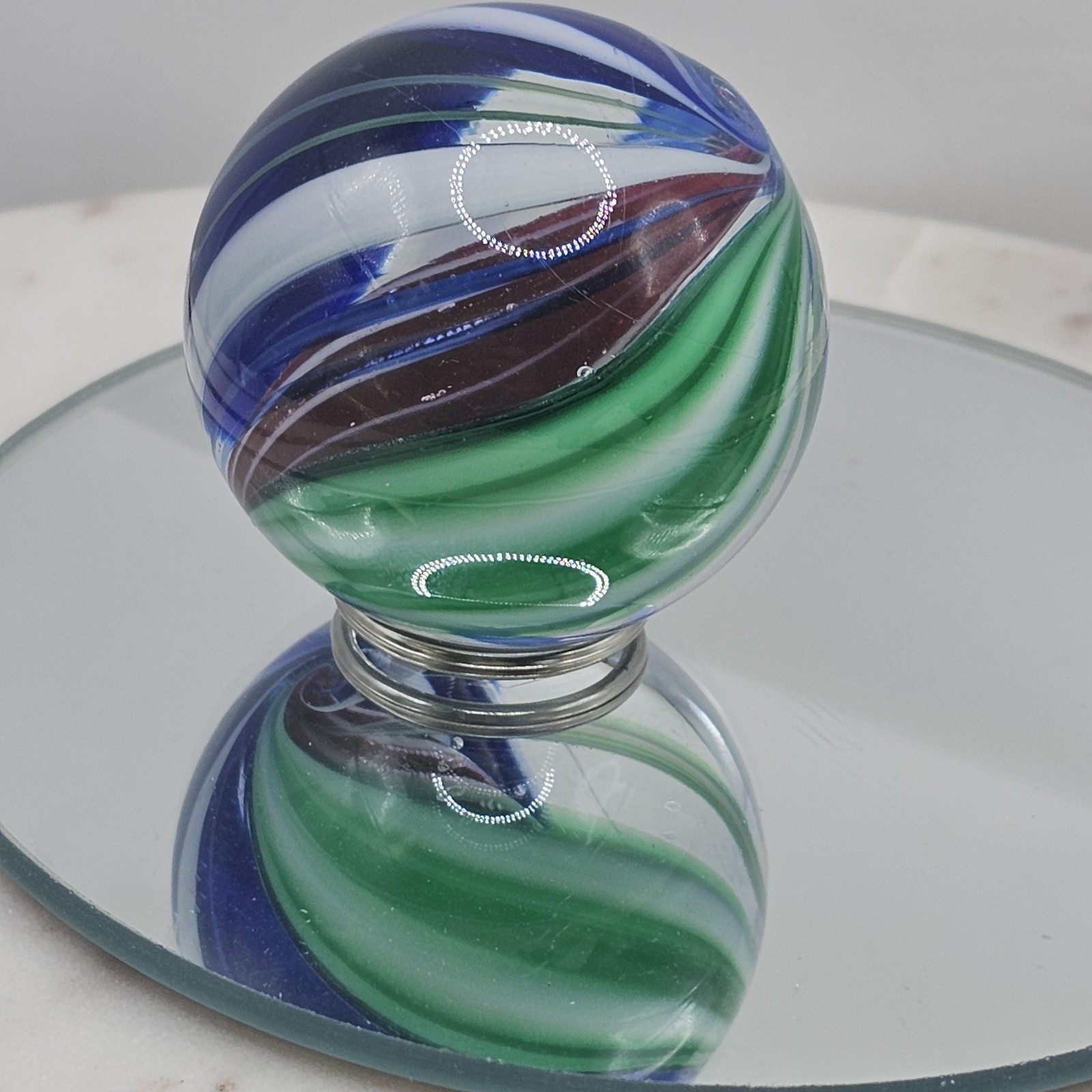 Hand Blown Art Glass Paperweight 47 mm Swirl Sphere Blue Green White Marble Orb