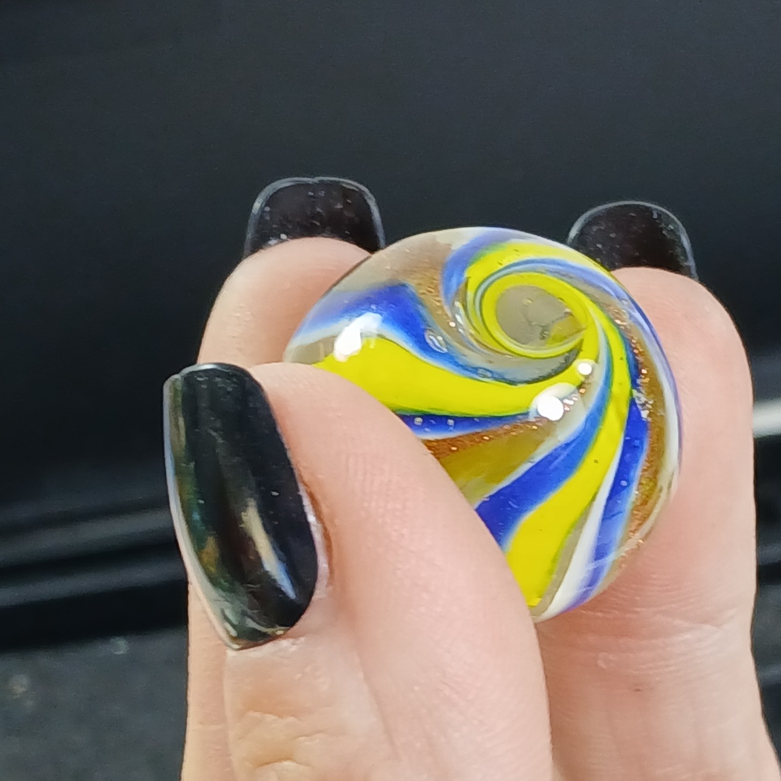 Blue Yellow White Gold banded swirl 1″ Shooter Hot House? Glass Marble Lampwork