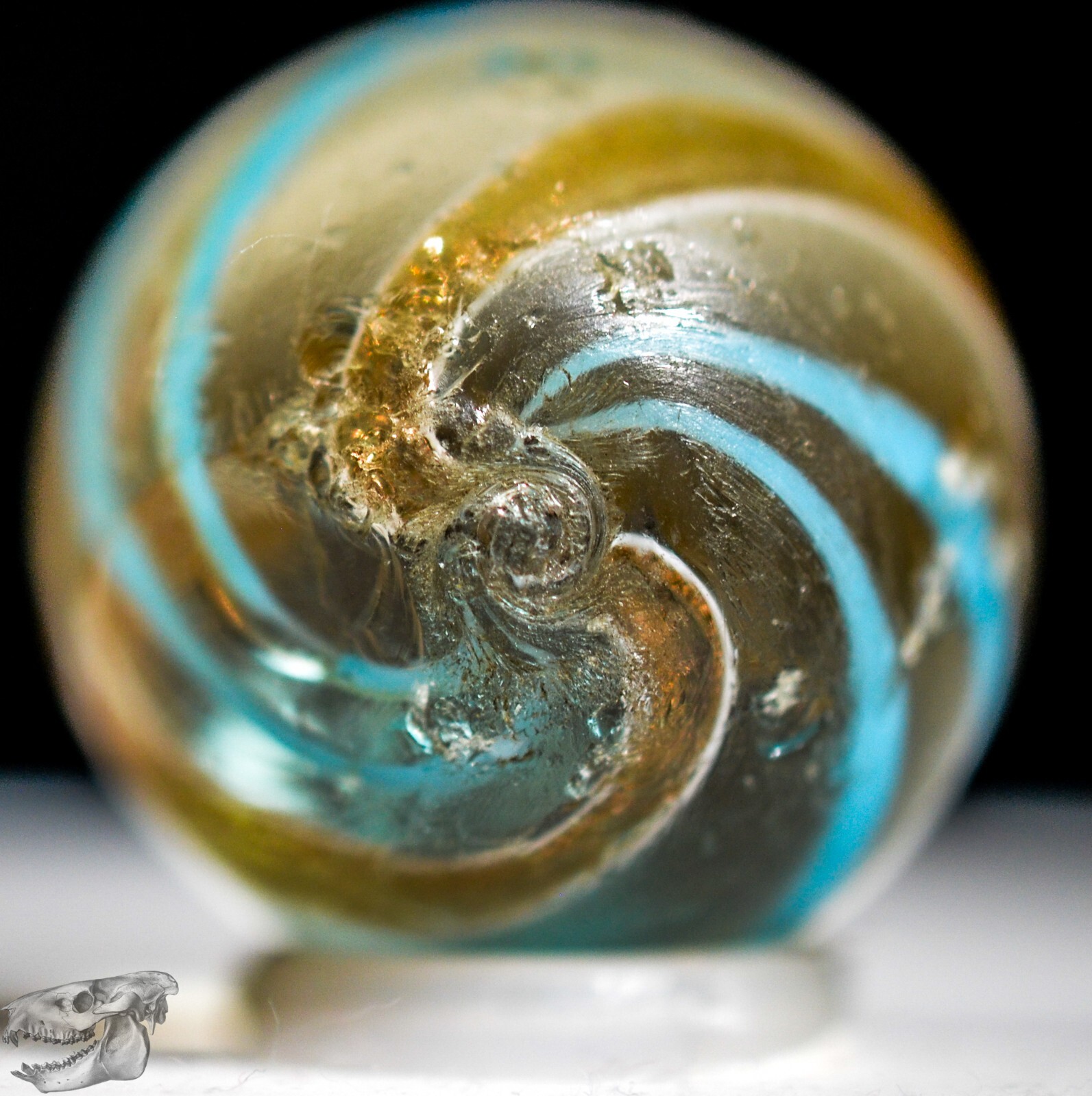 Handmade Aqua Banded Lutz Marble, 25/32 in, Good+, Chip, Germany 1860-1920 S1234