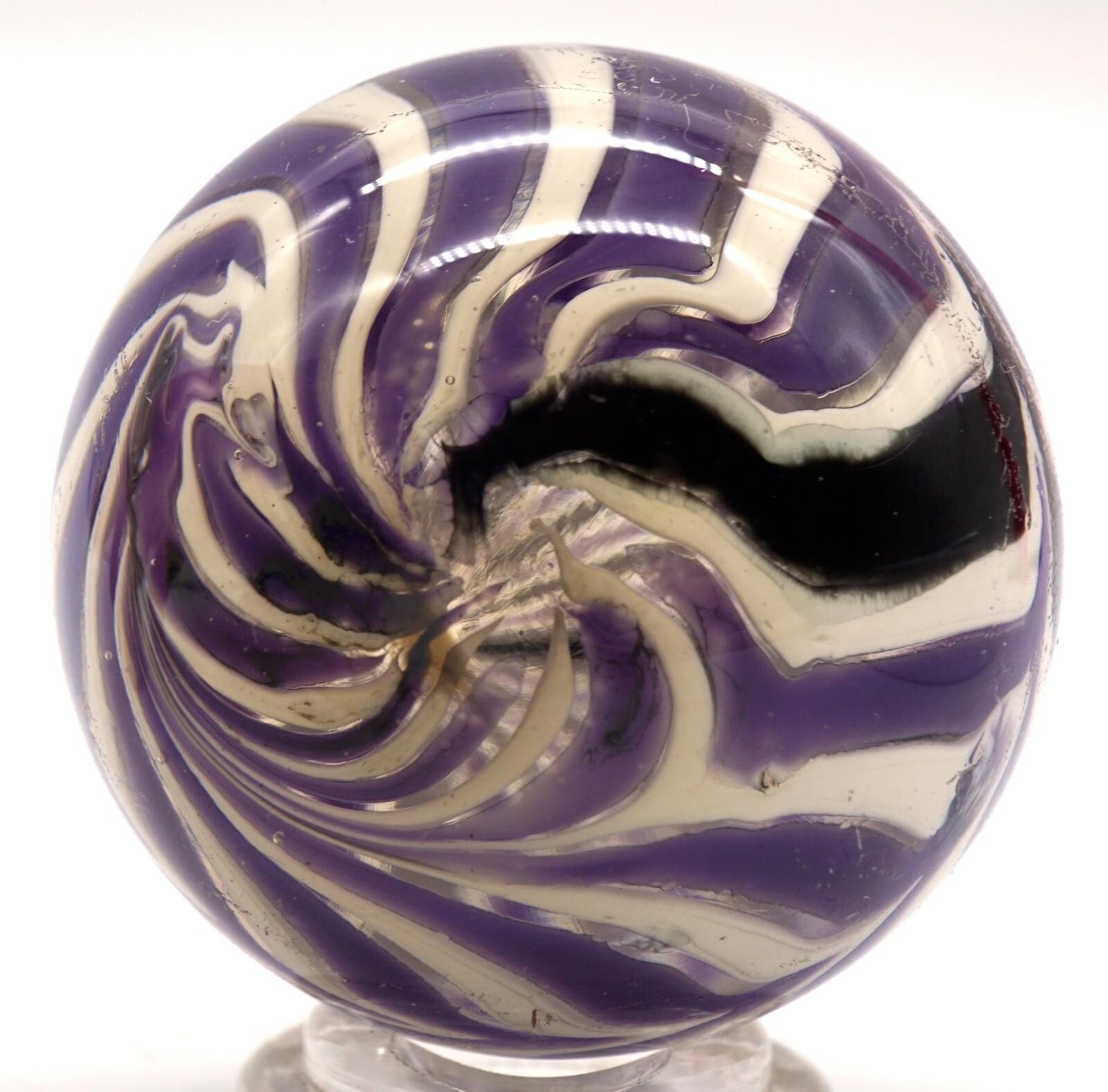 Art Glass Marble Reverse Twisted Spiral Swirl Purple & White One Black Swirl
