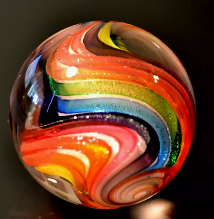 EDDIE SEESE GLASS MARBLE/1.839″-EXOTIC RAINBOW TRANS.DEEP LOBE DRT-WORLDWIDE