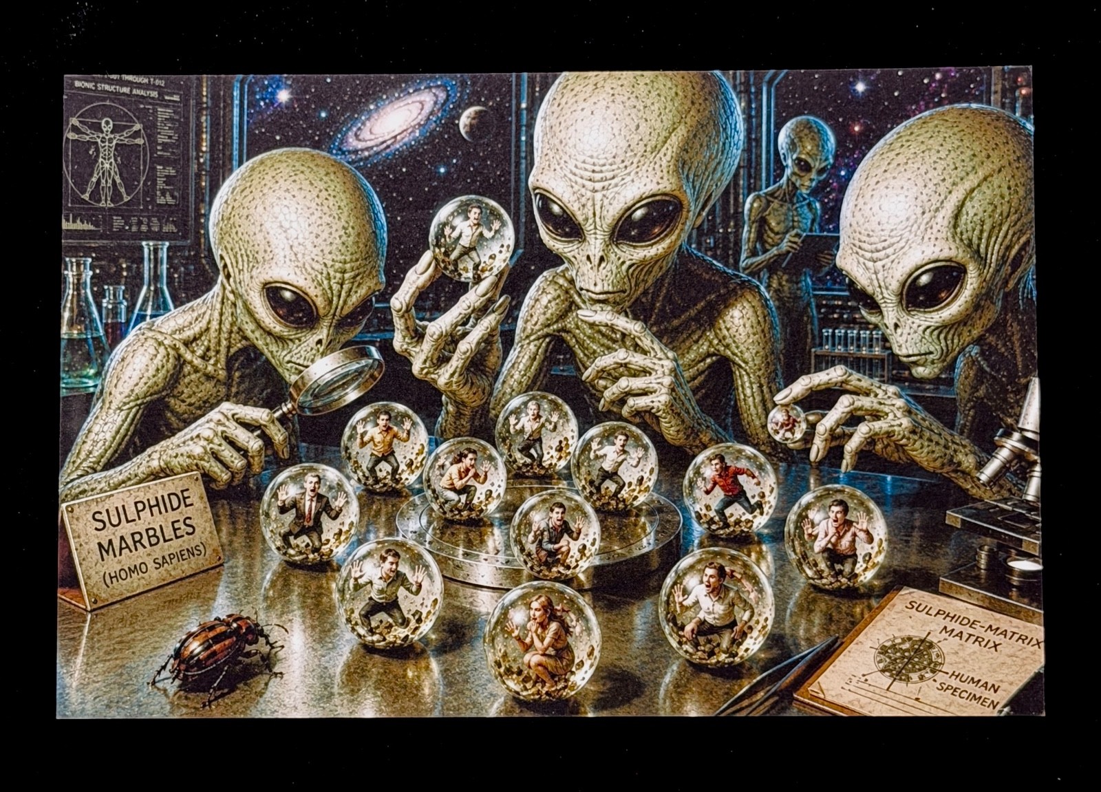 Alien Marble Collectors Examining Human Sulphides Art Postcard