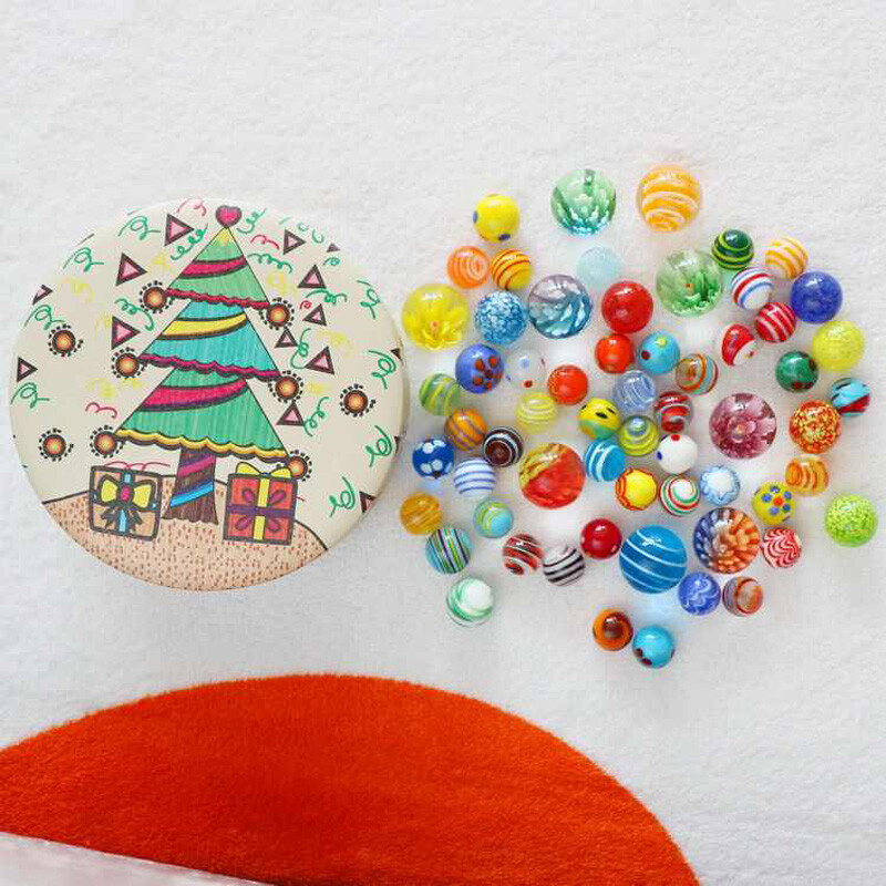 Traditional Classic Retro Glass Marbles In a Tin 61pcs Game Assorted Colour