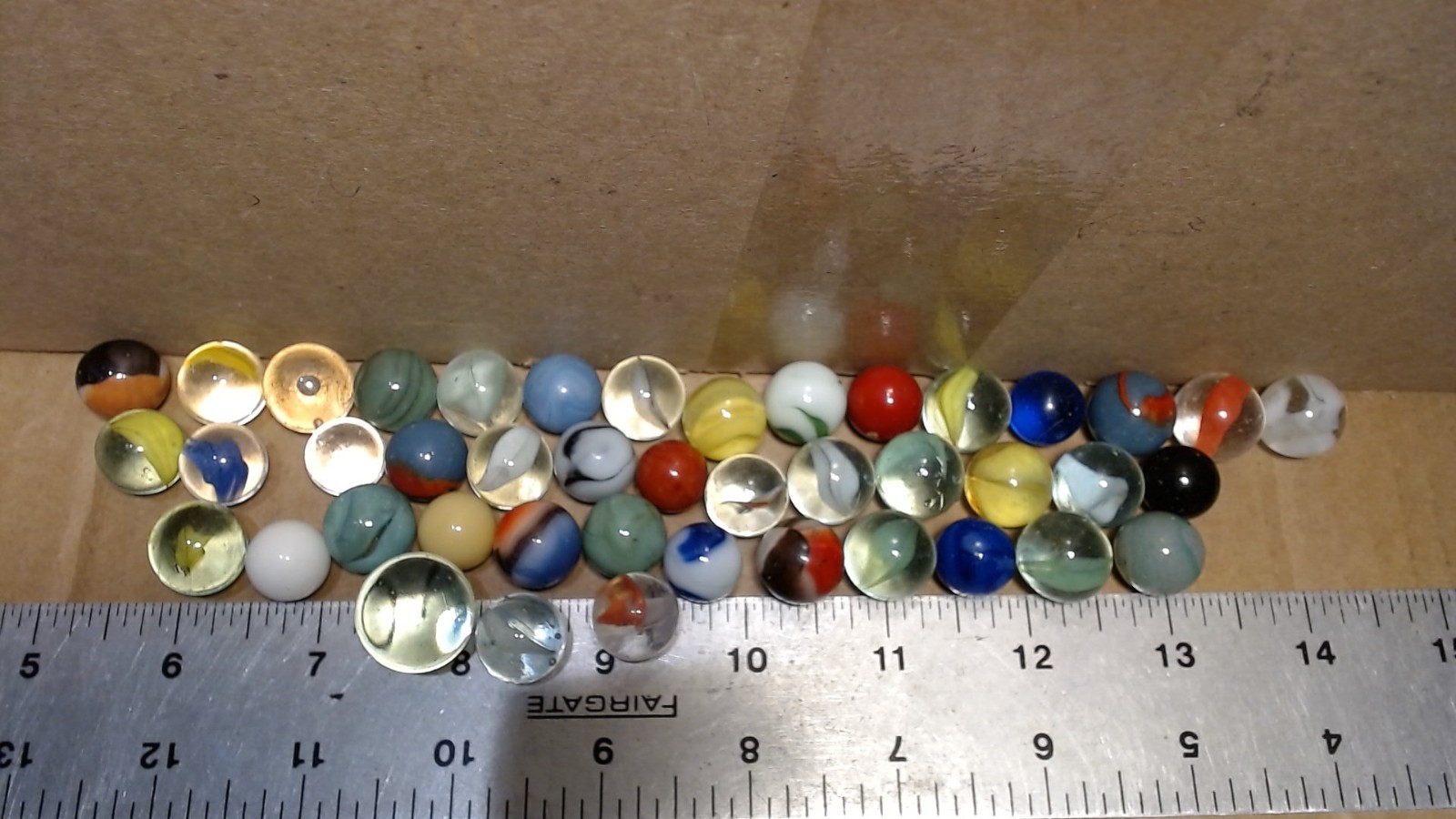 Glass Marbles (43) w/ Decorative Glass Container Have Wear