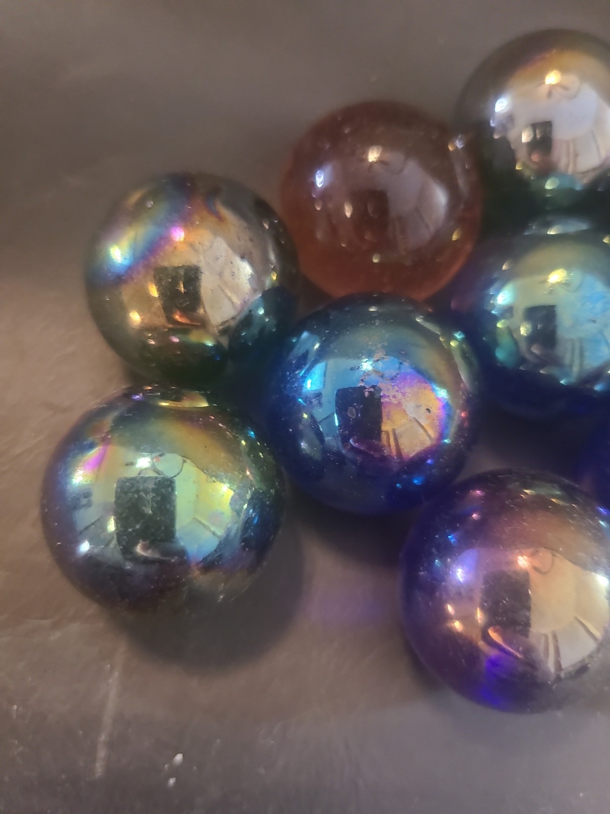 Lot of 15 Iridescent Glass Marbles Metallic Shades Of Dark Blue Purple Silver