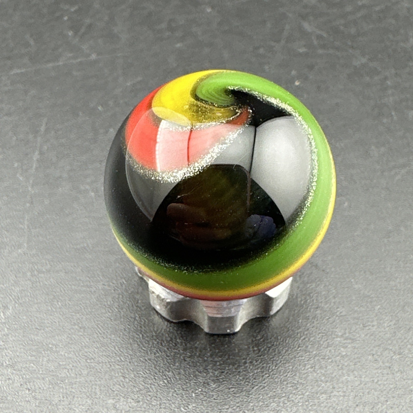 Contemporary Handmade Art Glass Marble .76″ Swirl MIB, Rasta Colors, Banded Boro