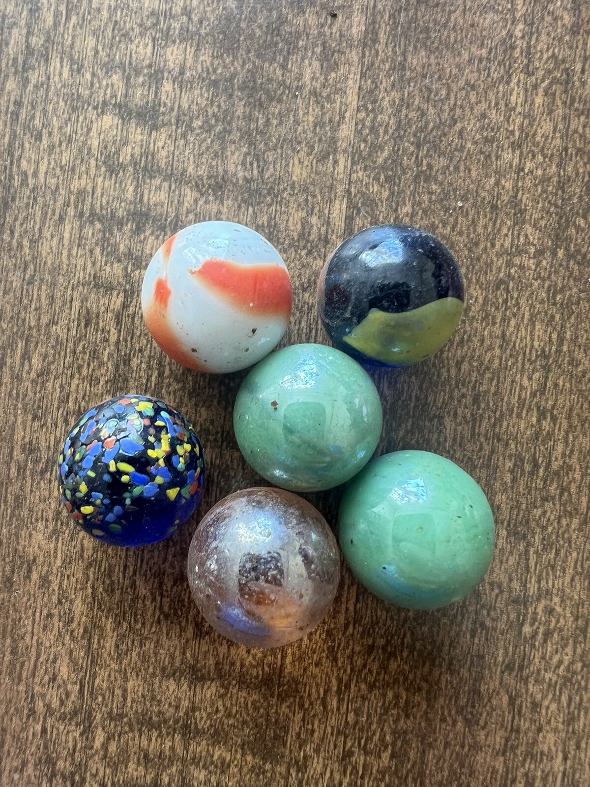 6 Vintage Handmade? Marbles Pink, Sage Green, Orange/white, Blue W/ Painted Dots
