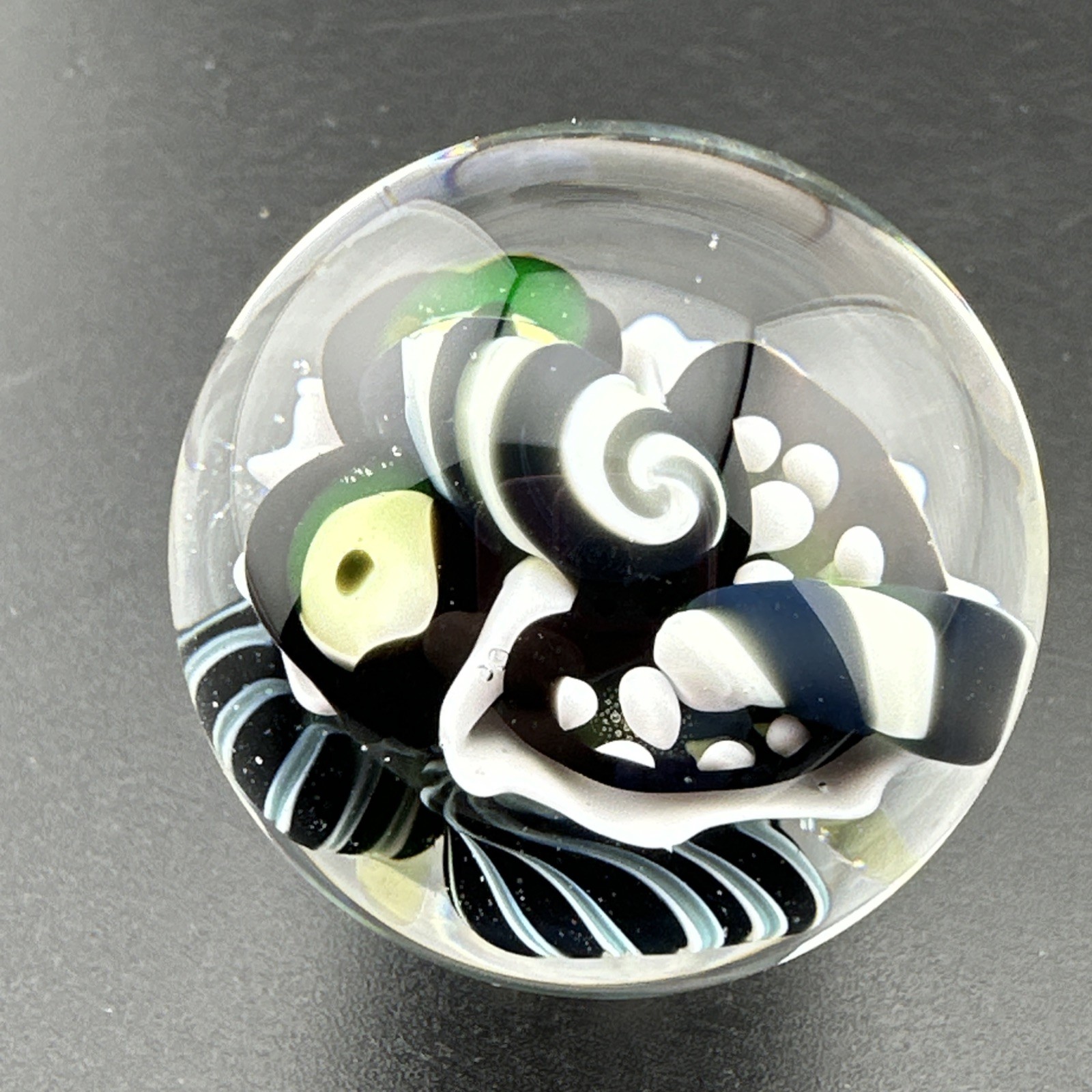 Contemporary Handmade Art Glass Marble 1.36″ Black White Monster, Flower, + UV!