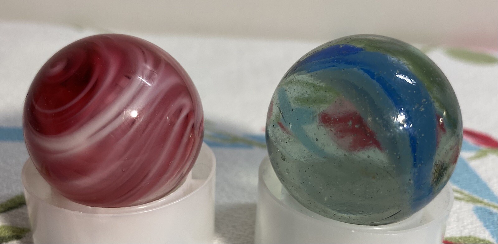 Shooter Glass Marbles (2) Blue Swirl. and Pink and White Swirl
