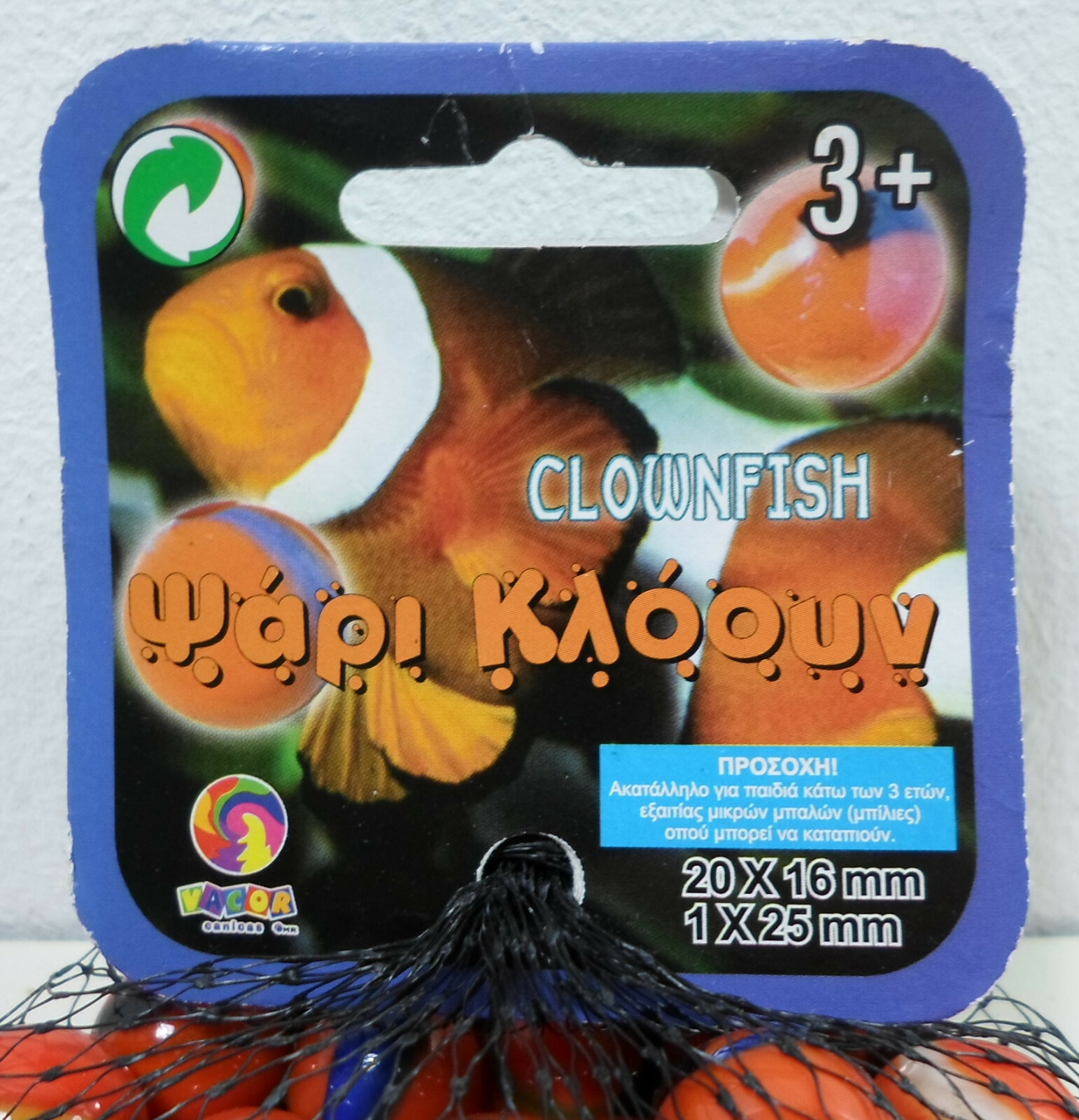 GREEK VTG CLOWNFISH GLASS 20 x MARBLES AND 1 SHOOTER GAZAKIA UNUSED IN NET