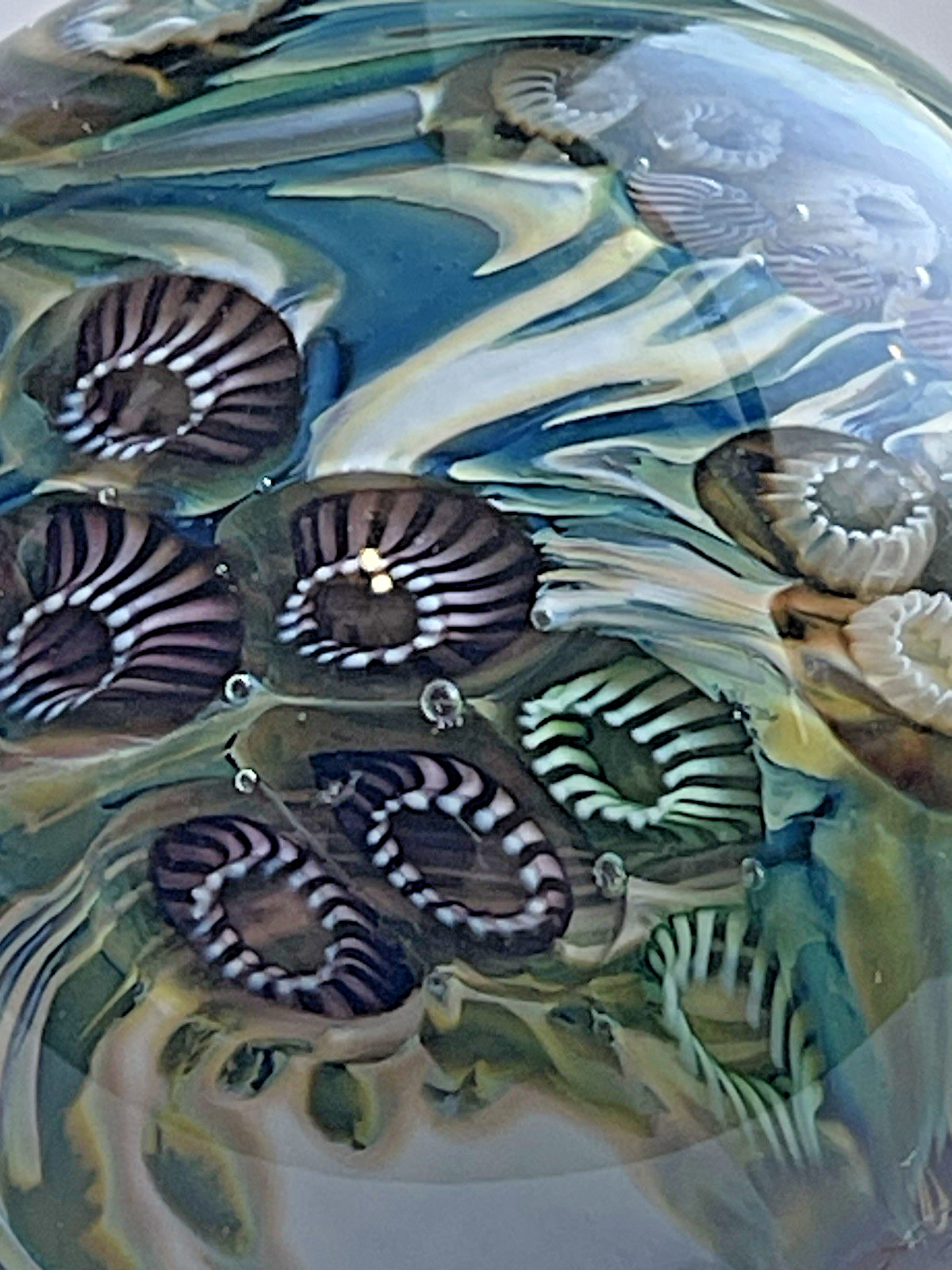 05 BOBBIE & EDDIE SEESE MARBLE SIGNED DICHROIC GLASS ART 1.95″ JELLYFISH FIELDS