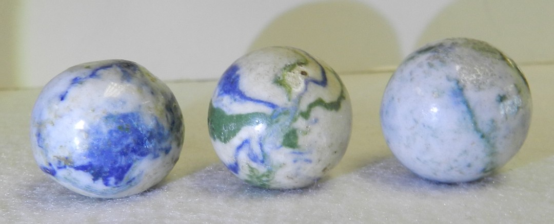 #21029m Vintage Group of 3 German Handmade Crockery Shooter Marbles .82 to .83