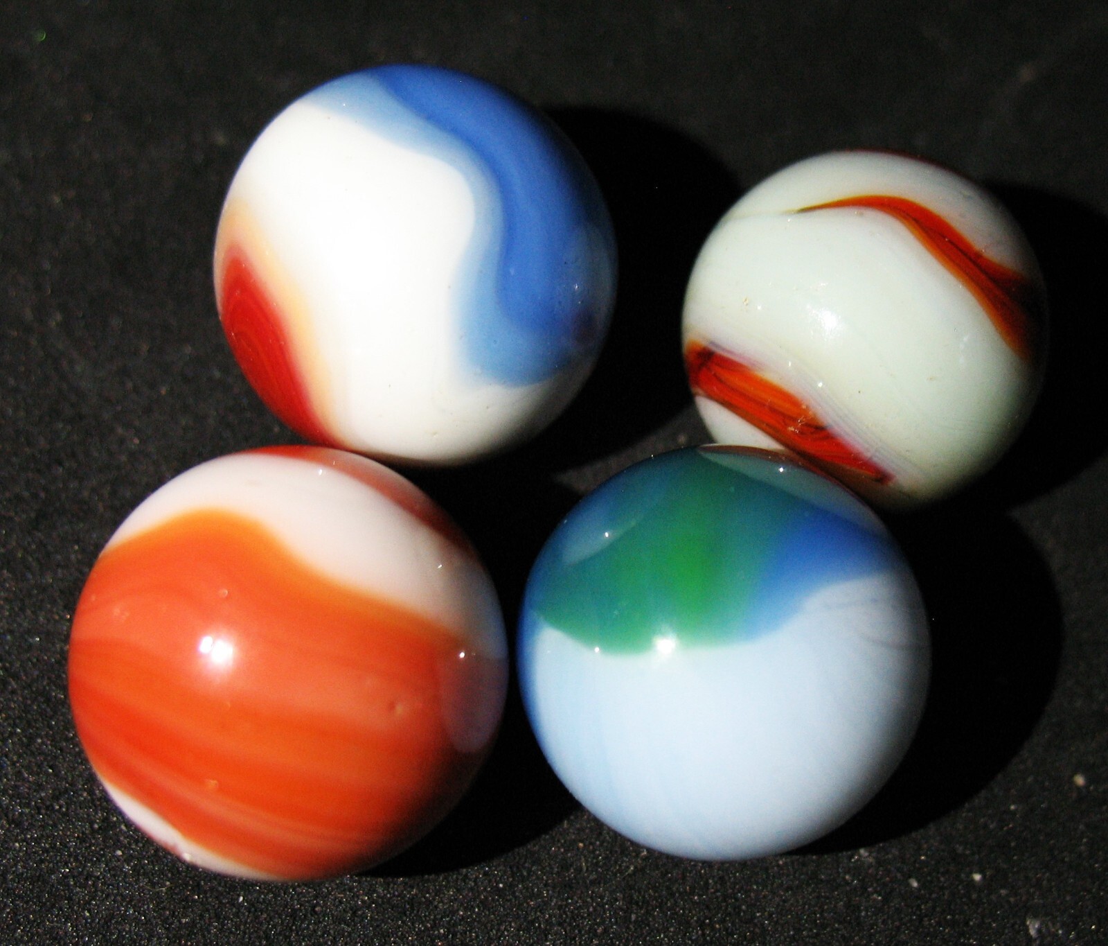 4 Vtg. Machine Made Marbles Including 2 Color Patches .61 to .65″