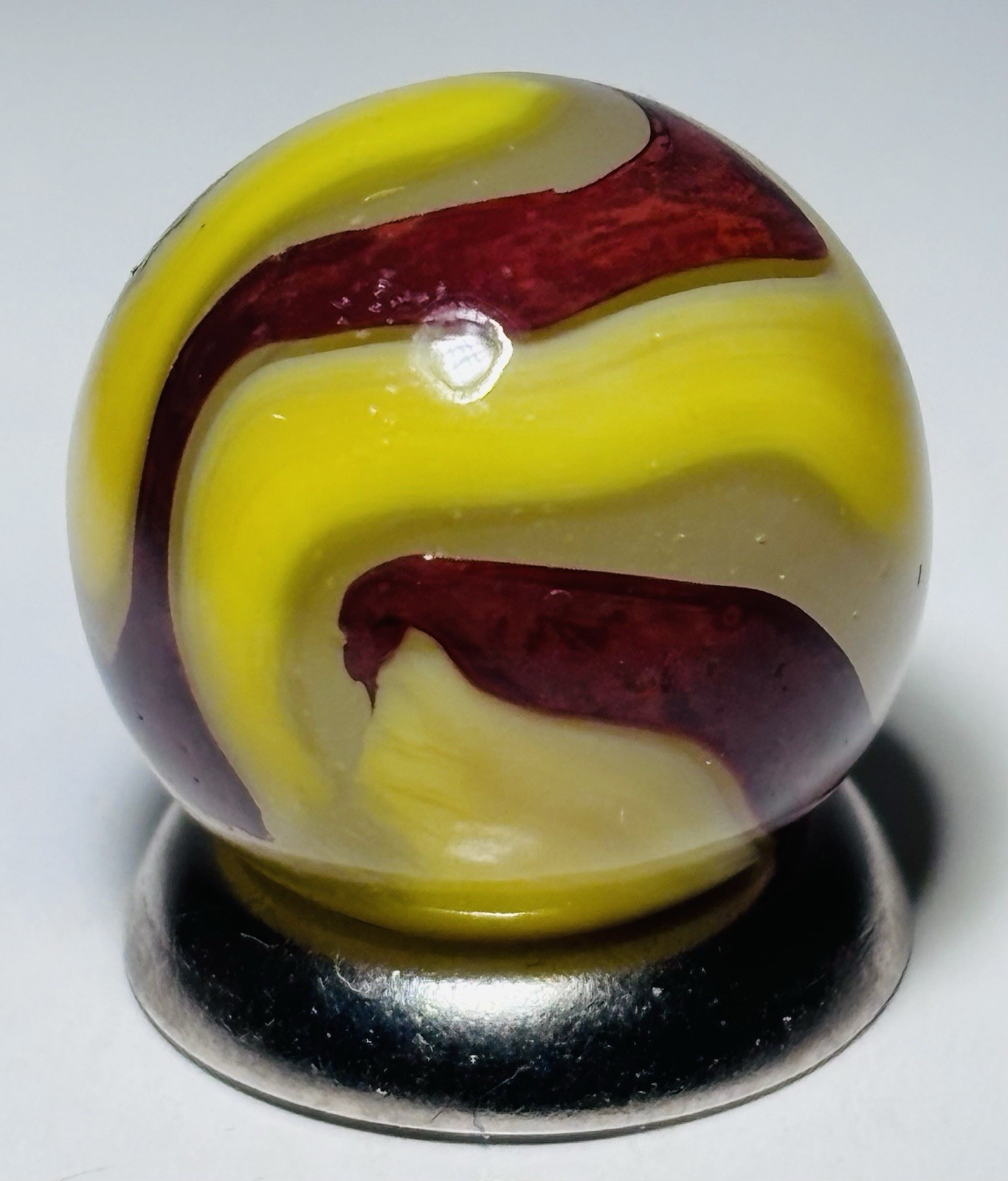 Vintage Akro Agate EggYolk OXblood Swirl Marble .61” In Wet Mint Condition