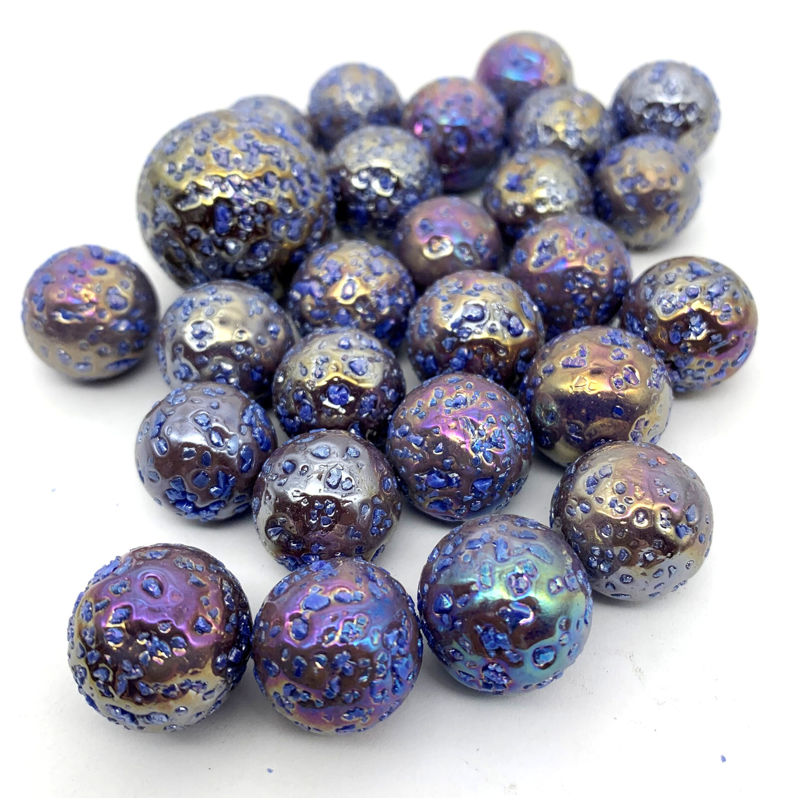 Net Bag 25 Asteroid Glass Mega Marbles Vacor Iridescent w Frit Current Edition