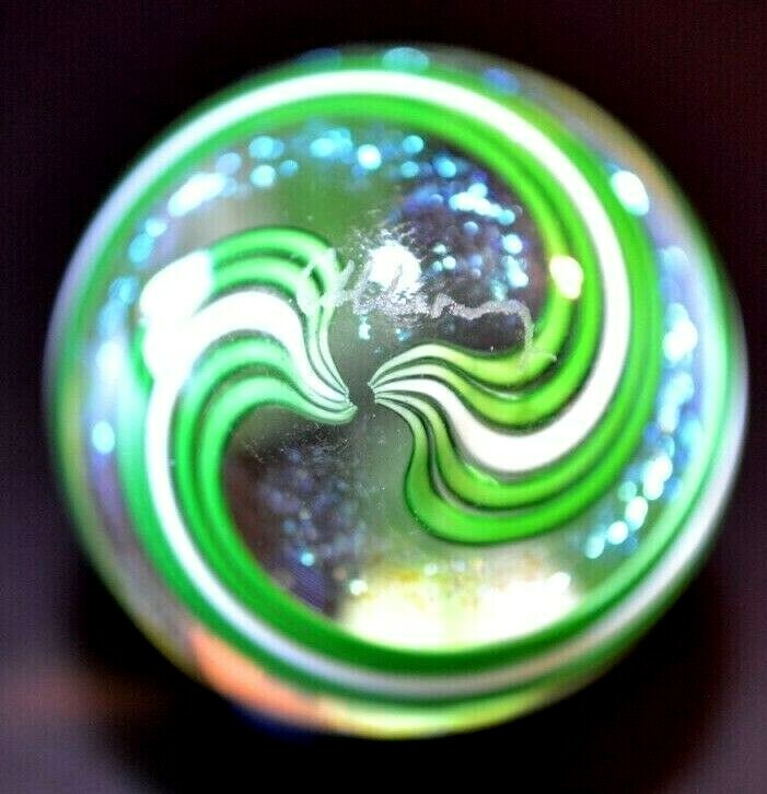 JAMES ALLOWAY GLASS MARBLE/1.249″-LIME DICHROIC SWIRL#3158-DICHROIC SAPPHIRE +
