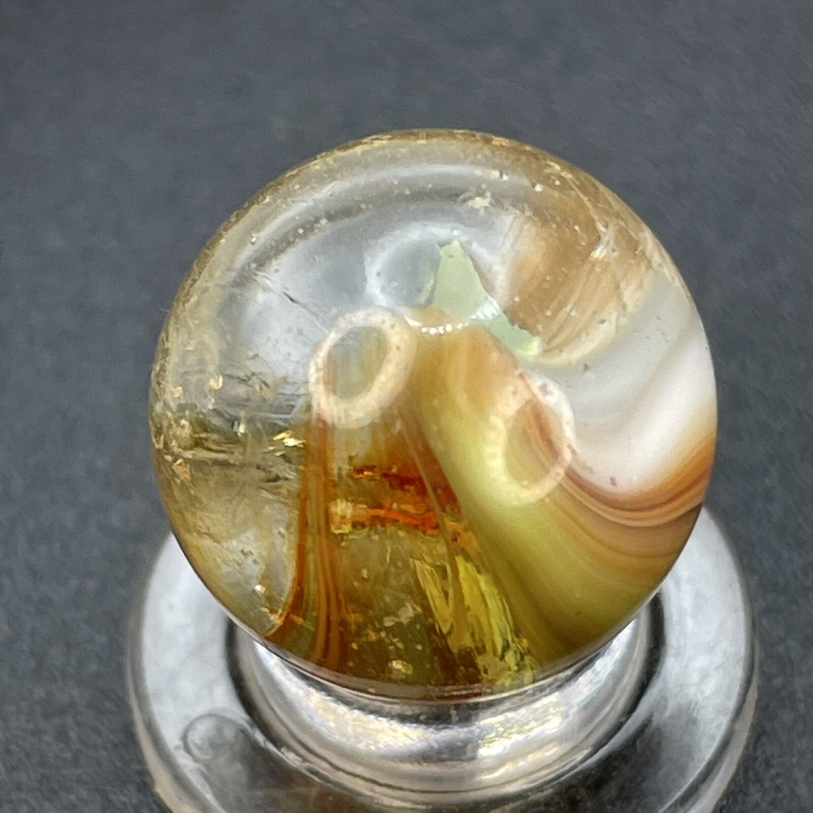 Master Marble Sunburst Clear Glass Core White Brown Orange Vintage Marbles 0.629