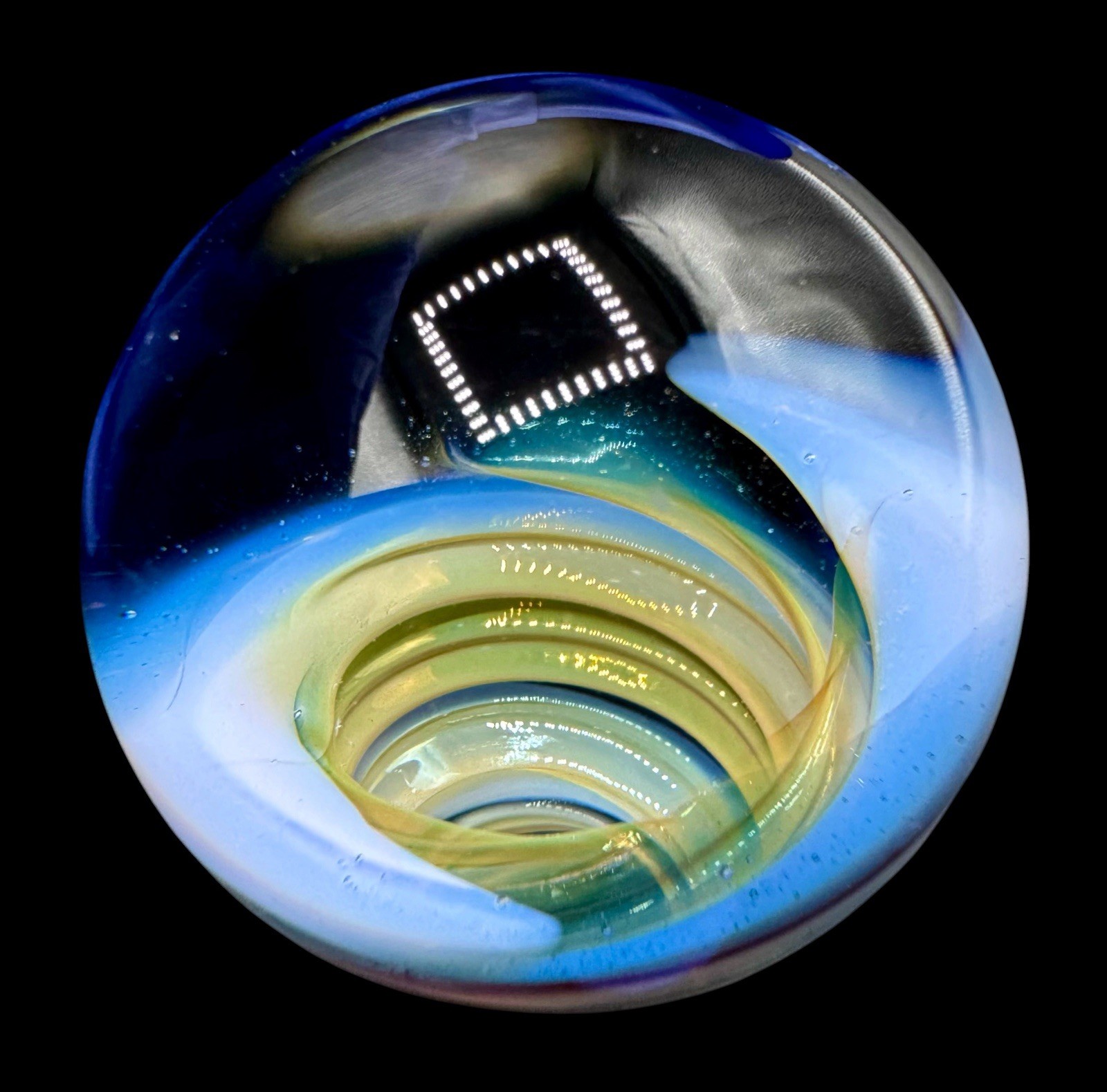 Large Art Glass Boro Marble 1.74” Vortex Swirl Periwinkle Blue Yellow Lavender