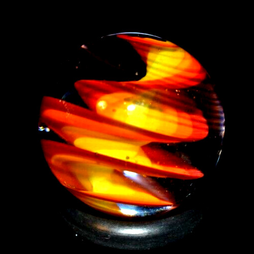 BRYAN TRILLAS GLASS MARBLE/.758″-BLUE BLACKLIGHT FIERY CORKSCREW-GOLDENROD,ORG+