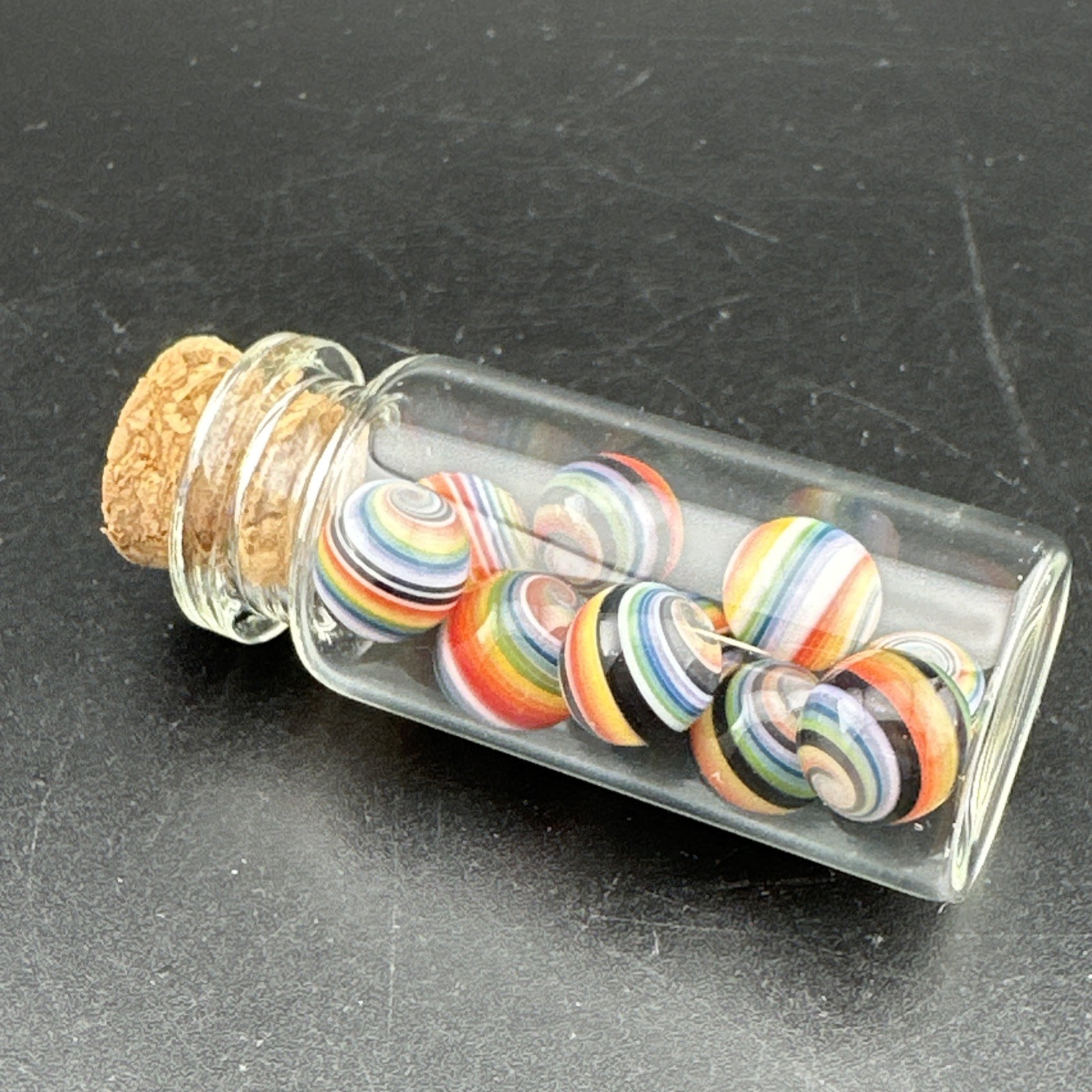 Set of 10x Contemporary Handmade Art Glass Peewee Marbles W/ Jar Swirl MIB Boro