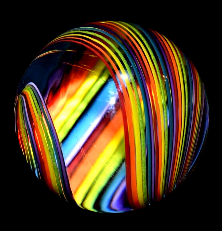 JOHN GIBBONS GLASS MARBLE/2.038″-SIMPLY A PERFECT RAINBOW-CRIMSON,ORANGE,GR.LUTZ