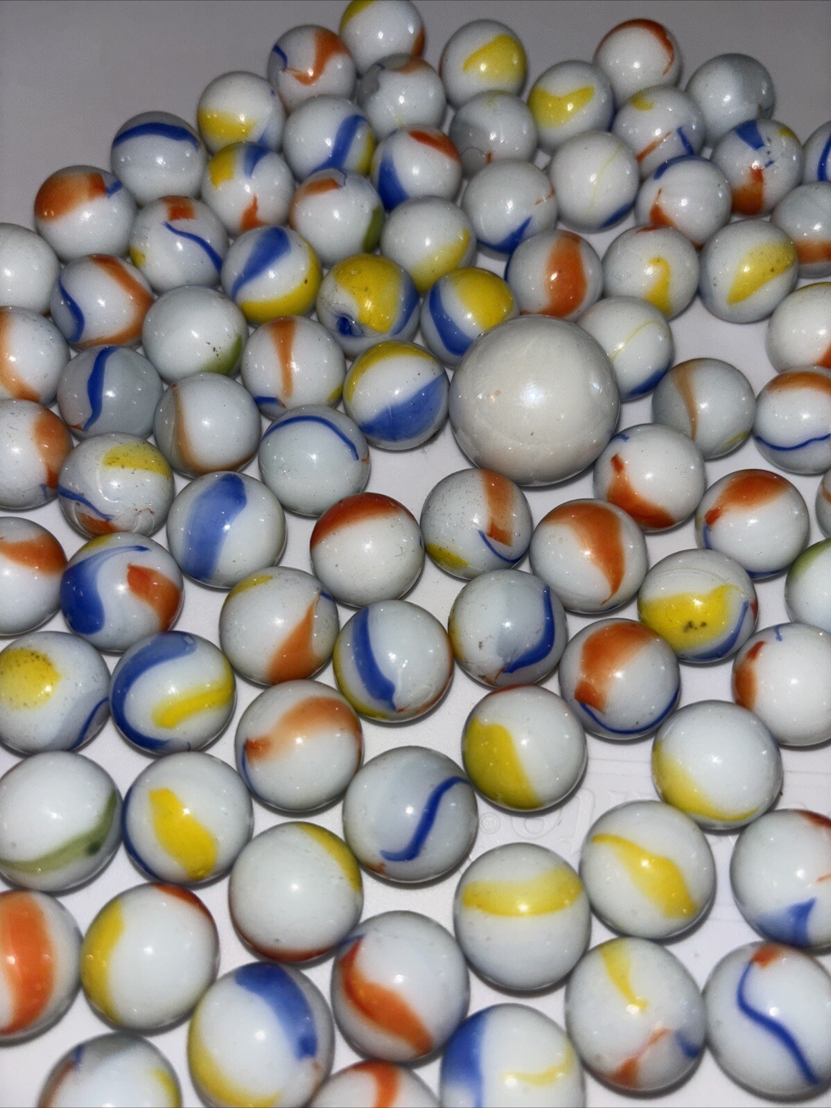 100+ Glass Marbles Opaque White Ribbon Swirls Blue Orange Yellow + White Shooter