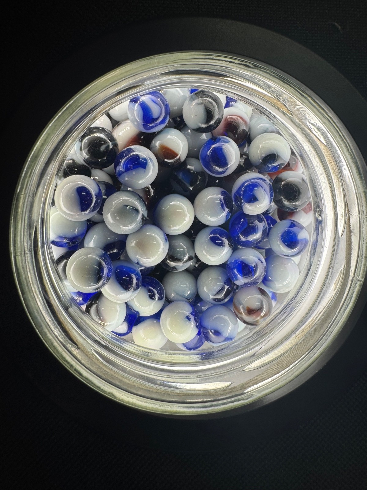 10x 5/8″ Jabo Classics Marbles Lot Blue, White, Brown, White Fenton UV Reactive