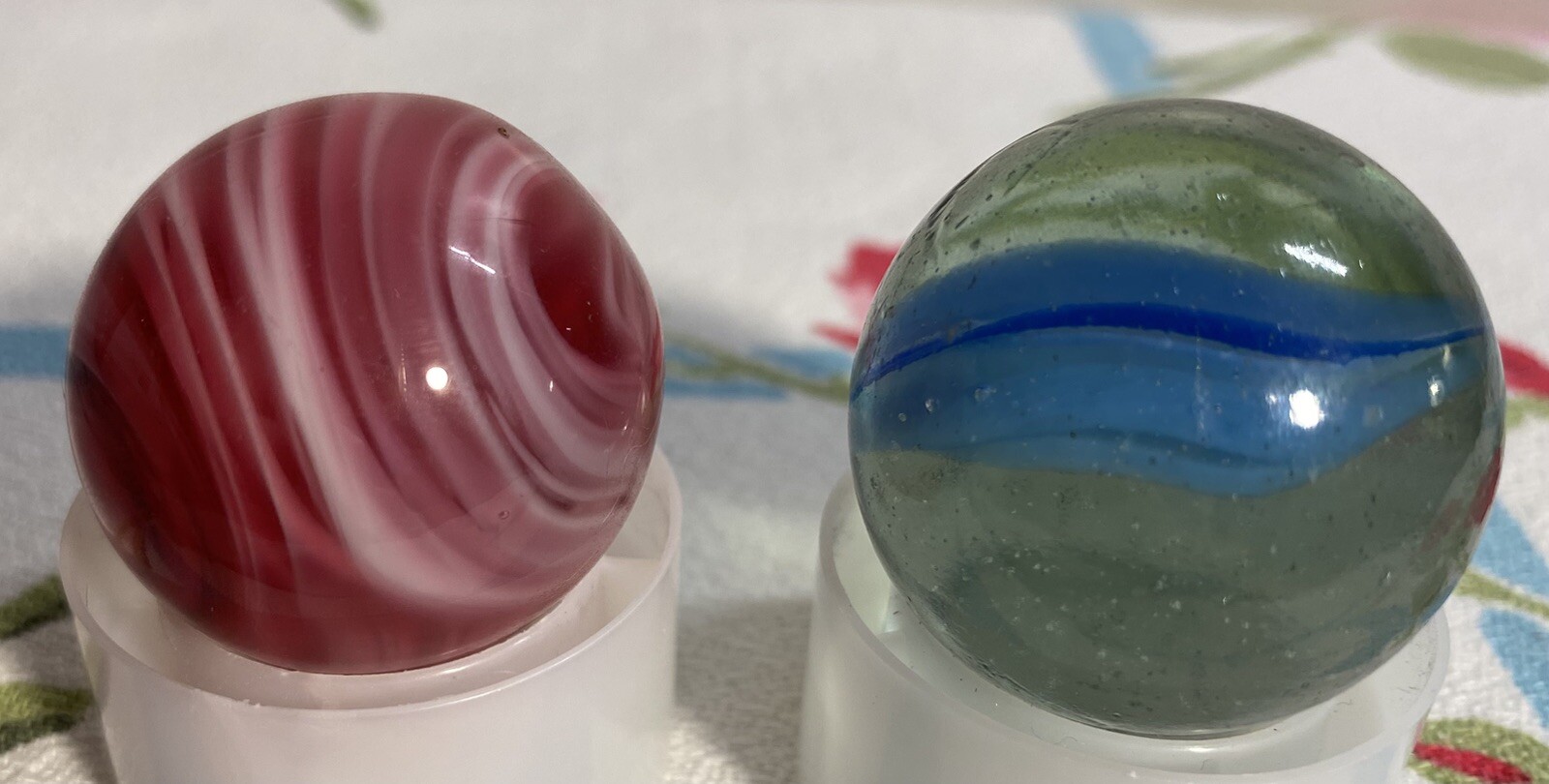 Shooter Glass Marbles (2) Blue Swirl. and Pink and White Swirl